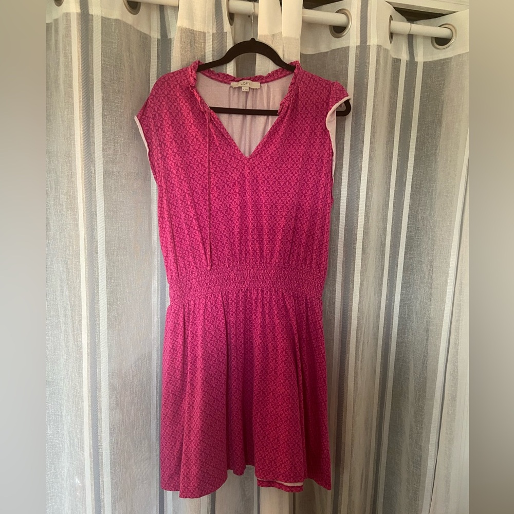 LOFT Pink Flutter-Sleeve V-Neck Smocked Waist Dress